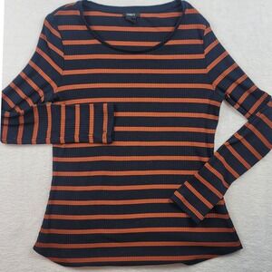 Lindex Womens Medium Navy Blue Orange Striped Ribbed Long Sleeve Crew Neck Top